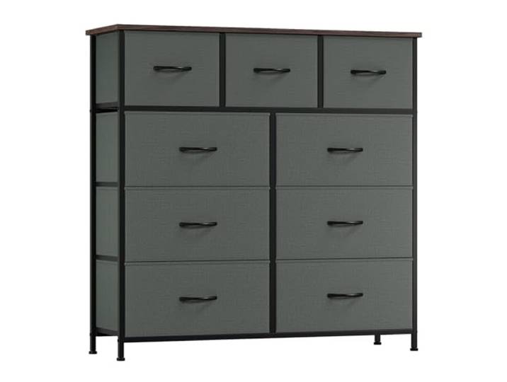 Somdot Kommode mit 9 Stoffschubladen, Schlafzimmer, Kohlegrau Komodenschrank, Stoffkommode, Großer Stauraum, Metrallrahmen, Holzwerkstoffoberplatte,Wohnzimmer, Flur, 30T x 100B x 99H