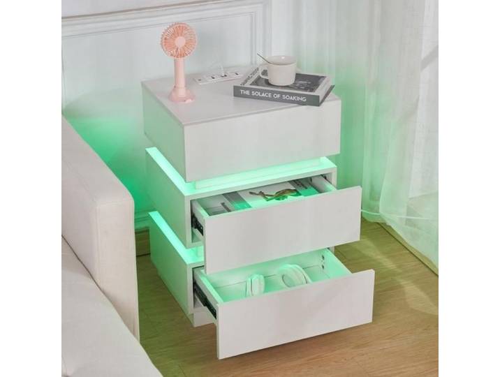 Table de Chevet - MIPAN - Avec 2 Prises CA + 2 Ports USB + LED 16 changements de couleur et 4 effets d'éclairage - Blanc