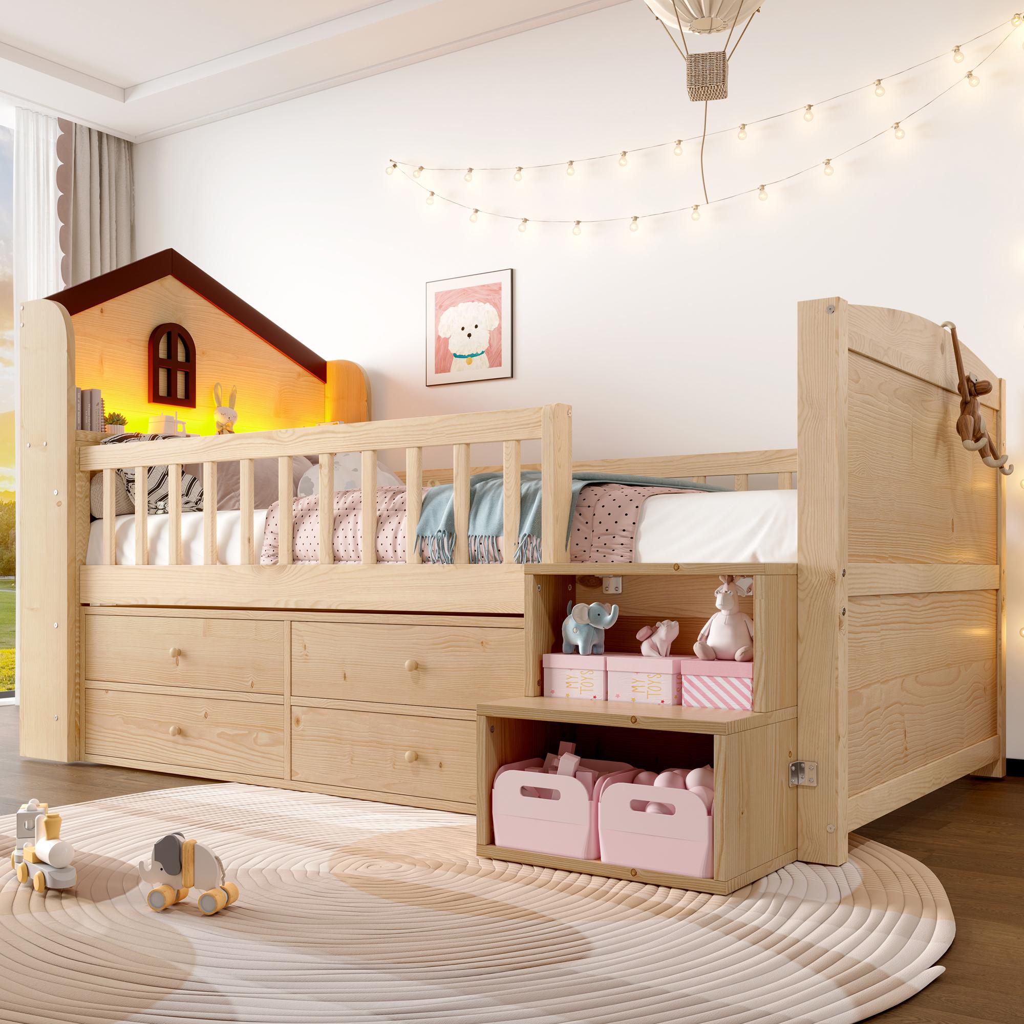 Merax Kinderbett 90x200cm, Hausform Halbhohes Etagenbett, mit LED Beleuchtung, 4 Schubladen, Regal, Hoher Zaun, Jugendbett, Massivholz Hochbett, Natur