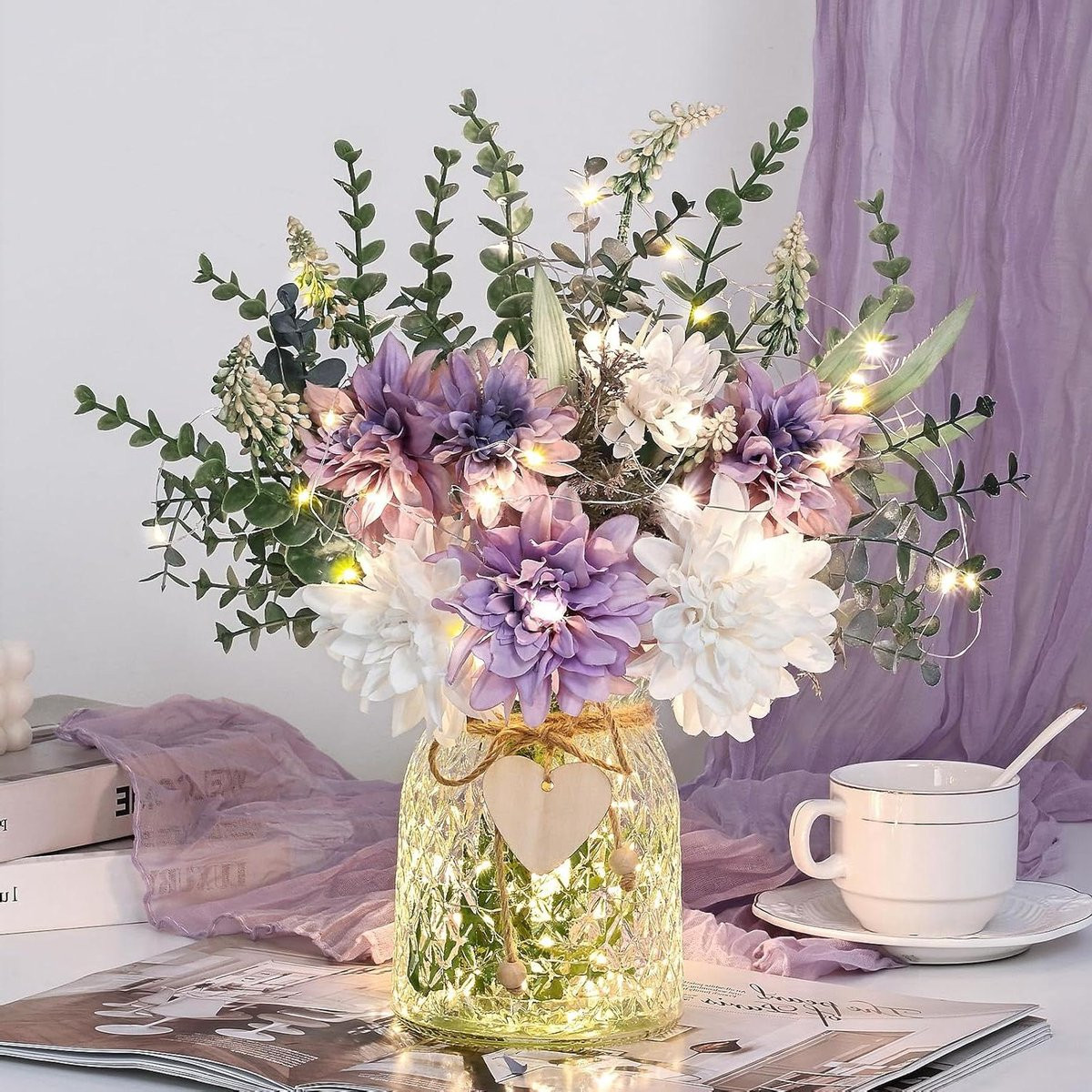 Realistische kunstbloemen met vaas in paars met verlichting - 40 cm