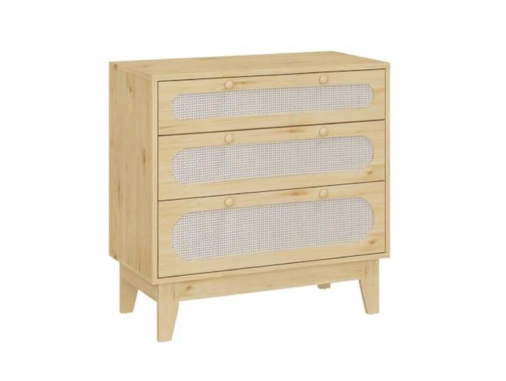 GarveeMore Rattan Kommode mit 3 Schubladen – Boho Landhaus Stil aus Holz stabile Tischbeine & Anti-Kippsicherung für Schlafzimmer, Flur, Wohnzimmer – Natur Eiche