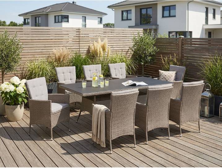 KONIFERA Garten-Essgruppe Mailand, (Set, 25-tlg., 8x Sessel, 8x Sitzauflage, 8x Rückenauflage, 1x Tisch), Polyrattan, verzinkter Stahl, Ablagefläche unter der Tischplatte