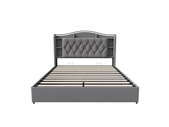 Shopentra Polsterbett 140/200 cm Grau mit Bettkasten und Kabellosem Laden, Holz, 140x200 cm, Schlafzimmer, Betten, Polsterbetten