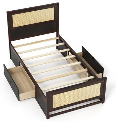 Costway Twin Size Rattan Bed Frame with Storage Drawers-Coffee