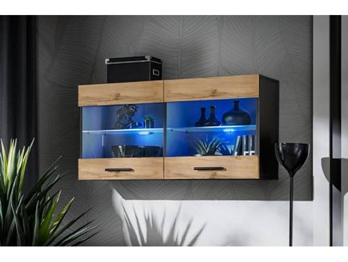 Komodee Vitrine Savona Wotan/Schwarz 100x50x30 cm Vitrine Savona, Wotan/Schwarz, Breite 100cm x Höhe 50cm x Tiefe 30cm, ohne LED, 2 Glasböden, 2 Türen, für Wohnzimmer