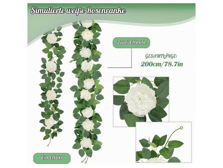 Blumengirlande 2er Set mit Beleuchtung 2 x 2 m Weiß, Kunststoff, 10 cm, Dekoration, Blumen & Blumentöpfe, Kunstblumen