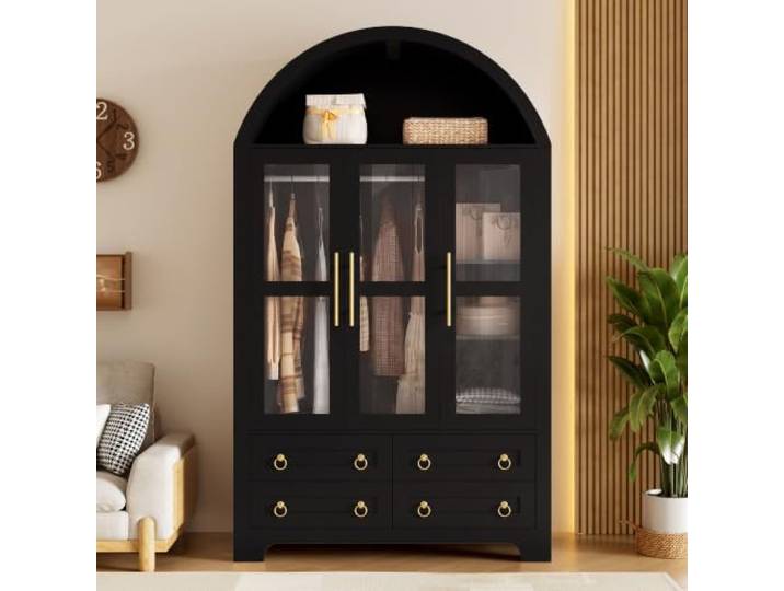 Elaimoros Kleiderschrank mit 3 Glastüren und 4 Schubladen, Vitrinenschrank, Wohnzimmerschrank, Aufbewahrungsschrank, Kleiderschrank, Schrank mit Kleiderstange，Schwarz