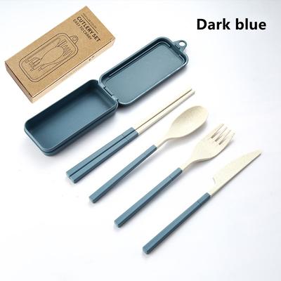 Modern Home Fixes Travel Tableware Set Wheat Straw Camping Cutlery Detachable Dinnerware dark Blue