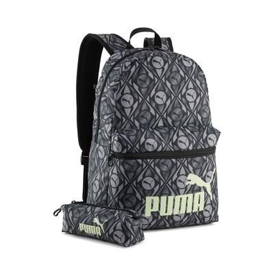 Rucksack PUMA "PHASE AOP BACKPACK SET", grau (puma schwarz, apple spritz, football aop), Rucksäcke, Netz, , gemustert, Rucksack, für vielseitige Einsätze, sportlicher Stil