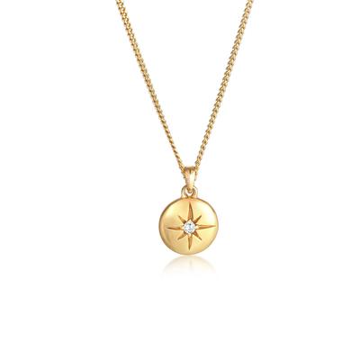Kette mit Anhänger ELLI "Halskette Stern Plättchen Disc Zirkonia 925 Silber" Gr. 45, gold, Halsketten, Damen, ohne Stein, Silber 925 (Sterlingsilber)