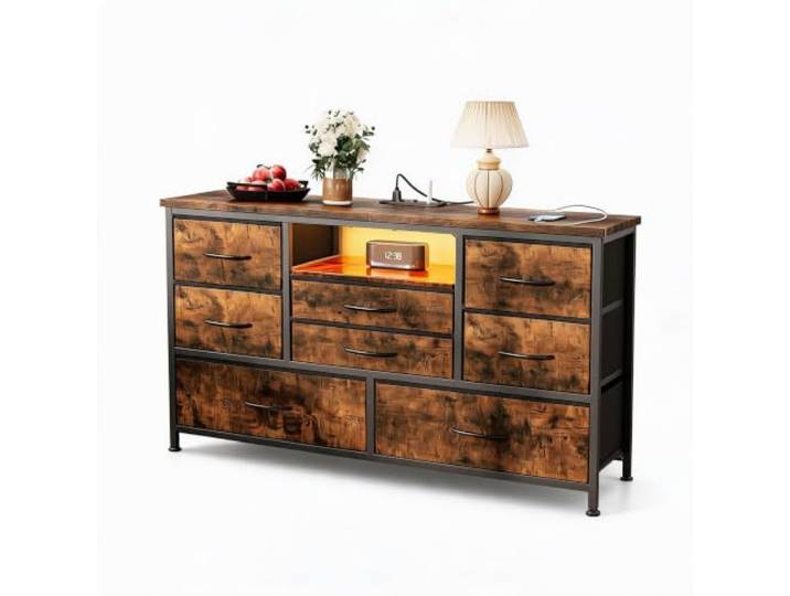 Litake 8–Schubladen TV-Unterschrank Mit RGB-LED Für 55-Zoll-Fernseher Braun Multifunktionalen TV-Unterschrank Steckdose & USB-Anschlüssen – Breiter TV-Ständer für Wohnzimmer, Schlafzimmer 120x37x75 cm