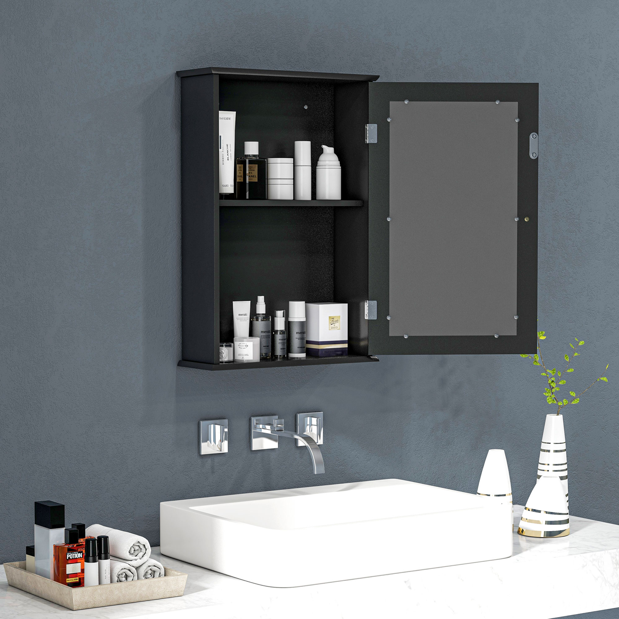Kleankin Mobiletto Bagno Pensile con Specchio e Anta a Chiusura Magnetica, 41x14x60 cm, Nero   Aosom Italy