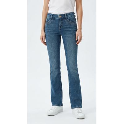 Bootcut-Jeans MAC "DETROIT flared", Damen, Gr. 38, Länge 30, blau (essential mid blau), Denim/Jeans, Obermaterial: 99% Baumwolle, 1% Elasthan, bootcut fit lang, Jeans, Aufwendig gearbeitete Details an den Vordertaschen