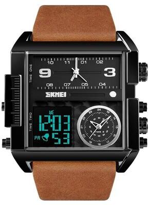 Inspired Deals Men Multifunctional Digital Watch With Leather Strap And Waterproof Square Dial black Brown