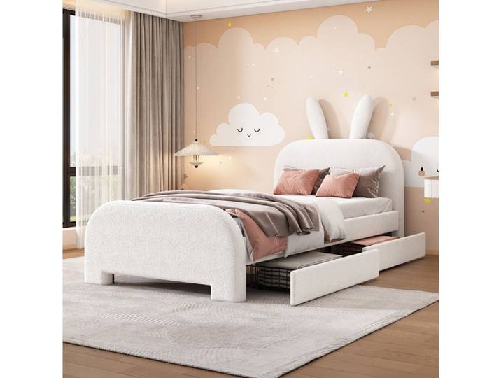 Lit enfant 90 × 200 cm blanc en peluche avec tête de lit lapin et 2 tiroirs