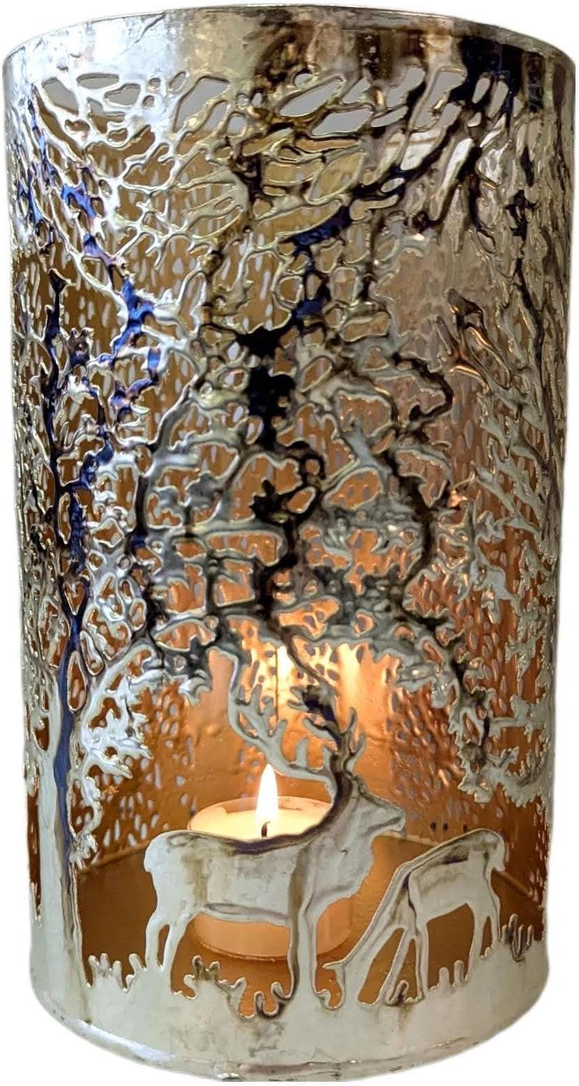 Windlicht "CHALET Hirschkrönung L 15 x 15 x 20 cm", silber, H:20cm Ø:15cm, Metall, Kerzenhalter, Windlicht silber B/H/T: 20cm