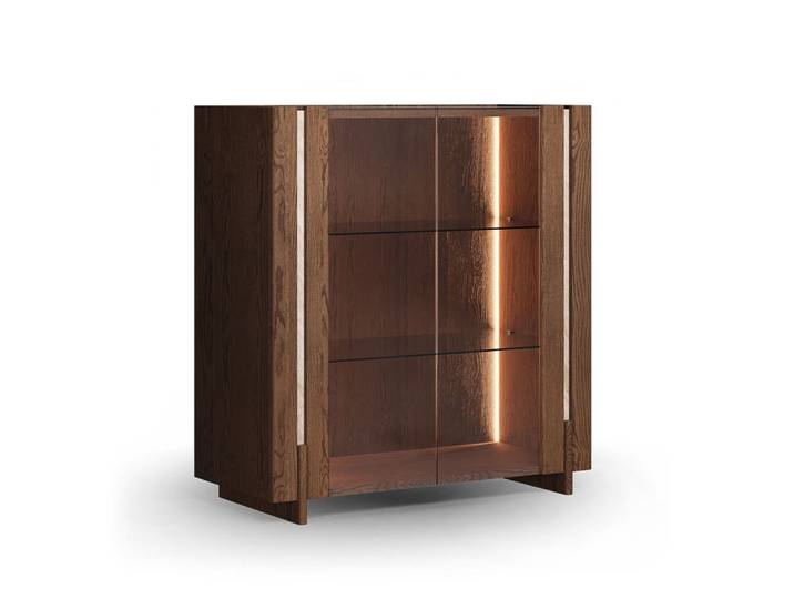 Feldmann-Wohnen Vitrine Travertino (mit Türen, mit Glaseinsatz, mit Beleuchtung, 1-St., moderne Optik, mit Türen, mit Glaseinsatz, mit Beleuchtung) 100x46x106cm Wildeiche Tabak / Travertin Naturstein