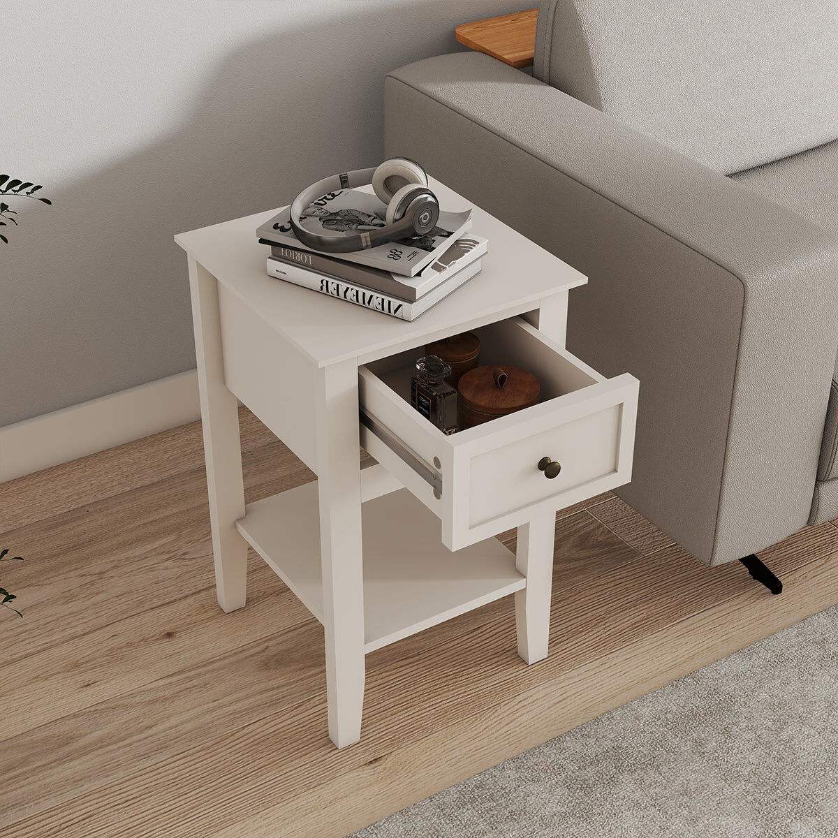 One Drawer Bedside Table - Rowley Pale Cream Range Coated MDF, Metal