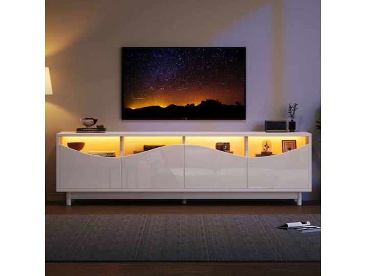 Meuble TV moderne-SEYAKANY-éclairage LED-porte en verre trempé -Meuble TV incurvé-blanc blanc