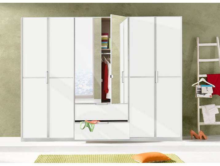 Kleiderschrank, Holzwerkstoff, Weiß, 271×210×54 cm, Mit Spiegeln & 6 Türen, Modern, Rauch