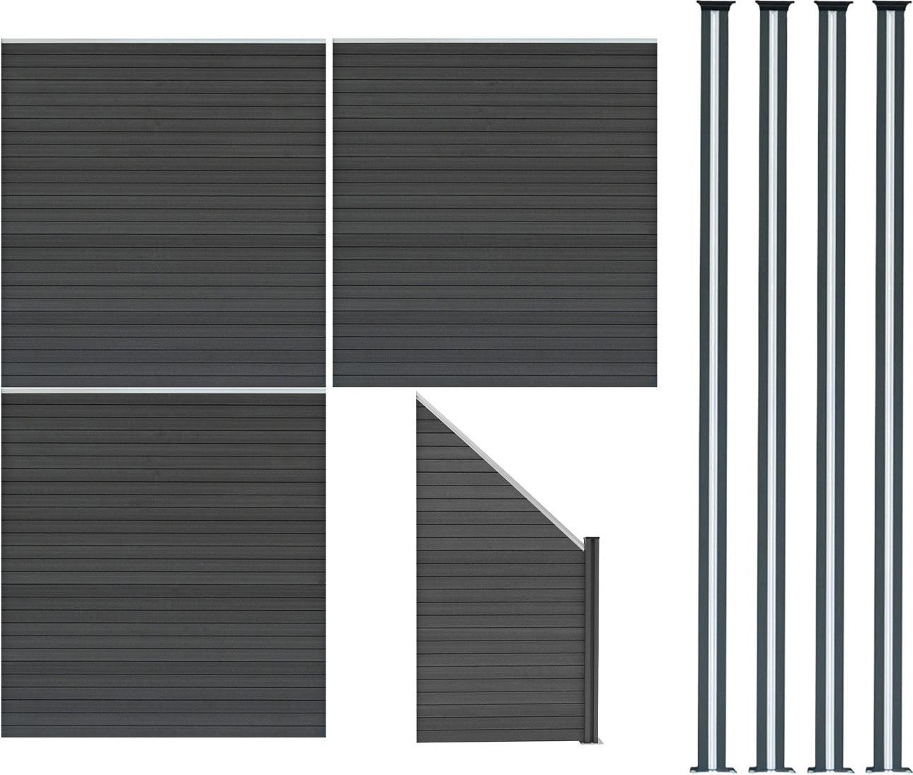 Monster Shop WPC privacy schermen met 3 schermen, 1 hoekstuk en 4 LED schuttingpalen - Grijs