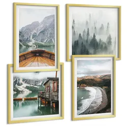 BILDER SET 4er Set - 50x50 cm & 40x60 cm Goldrahmen - Berge, See, Boot, Nebel, Strand