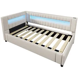STILVORA Daybett Leinen Beige 90x200 cm mit LED, Stauraum, USB und Type-C