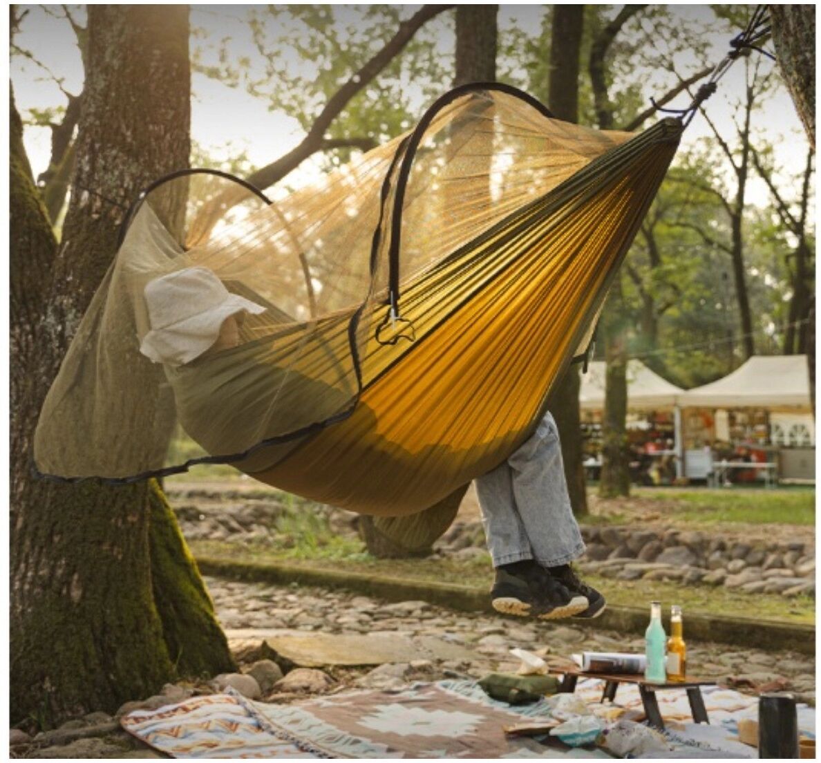INF Hamac moustiquaire de camping solo - Hamac parachute en nylon à ouverture rapide, design en U anti-basculement et maille chameau