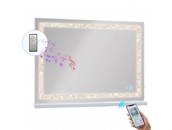 SCHMINKSPIEGEL mit Beleuchtung LED Lichtleiste gestreute Diamanten und Bluetooth weiß 80/58 cm
