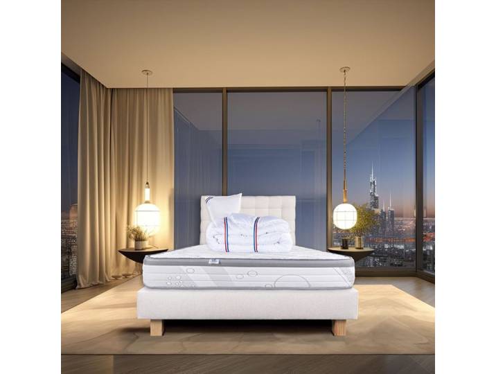 Ensemble matelas Relaxation 26 cm ressorts ensachés ferme réversible+sommier beige ep20cm + oreiller + couette + TDL