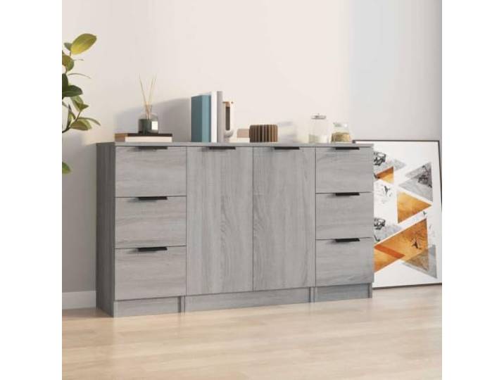 RJPLMFV Anrichte, niedrig, 3-teilig, Grau, Sonoma, Holz, Ingenierie Leicht zu reinigen, großes Fassungsvermögen, multifunktionales Seitenmöbel, Wandbefestigung inklusive
