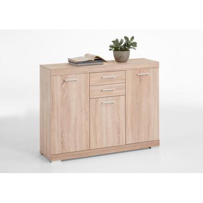 Kommode FMD "Bristol 3", braun (eichefarben), B:120cm H:89,9cm T:34,9cm, Holzwerkstoff, Sideboards, Kommode, mit drei Türen und zwei Schubkästen, Breite 120 cm