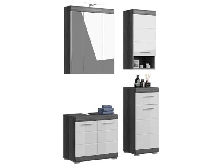 Lomadox Badezimmermöbel Set 4-teilig Badezimmerschrank Waschbeckenunterschrank Spiegelschrank Kommode in Hochglanz weiß mit grau