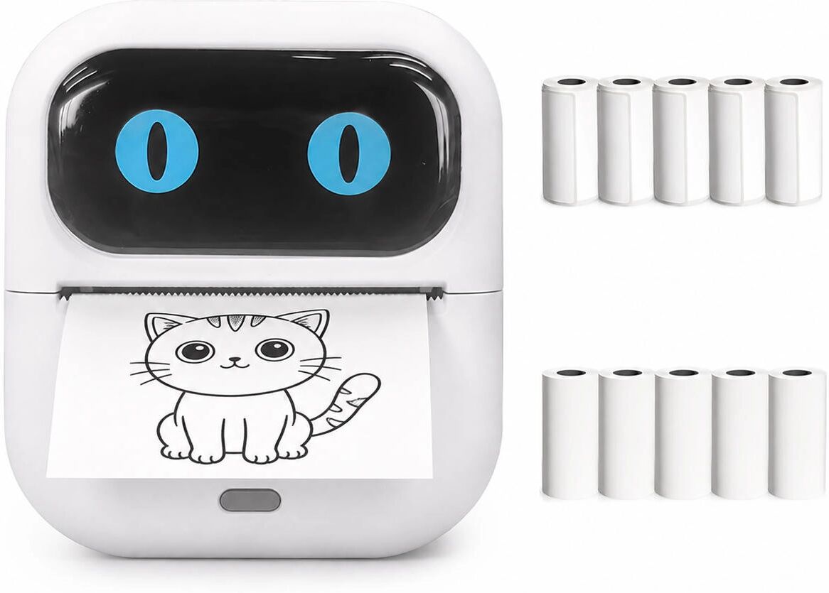 INF Mobiler Mini-Thermodrucker, kompatibel mit Apple und Android, mit 5 selbstklebenden und 5 normalen Papierrollen Weiß