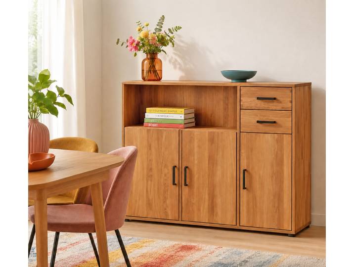 Highboard Mido in Wildeiche massiv mit offenem Fach, Türn und Schubladen – Montierte Lieferung – 3%-Vorkasse-Rabatt