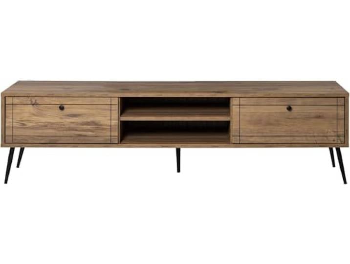 Hanah Home Stylish TV Stand with Iron Legs, Atlantic Pine & Black, 180 x 50 x 40 cm 100% Melamine Coated Particle Board, Wall-Mountable, Durable Design