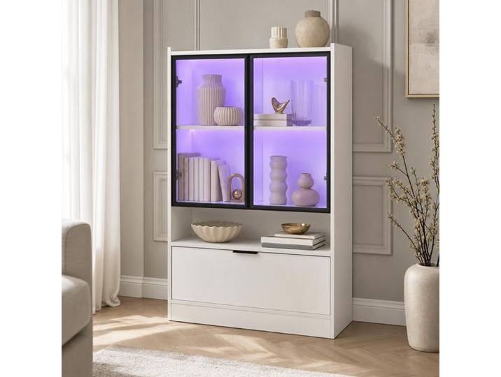Vitrine LED - Zephmum - blanc mat H120 cm 16 couleurs portes verre rabattable aggloméré