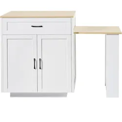 OKWISH Stehtisch MDF Weiß 133-202x70x93,5 cm, ausziehbar, mit Stauraum, Rollen und Gewürzregal