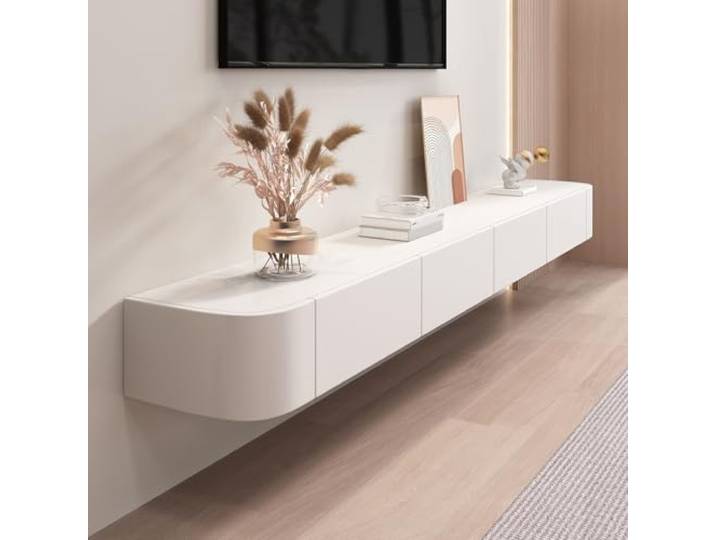 HYANXUE Lowboard hängend, Schwebender TV-Ständer, Wandmontierte TV-Regale, TV-Medienkonsole Mit Klapptüren, Schublade & LED-Beleuchtung (Weiß,140CM)