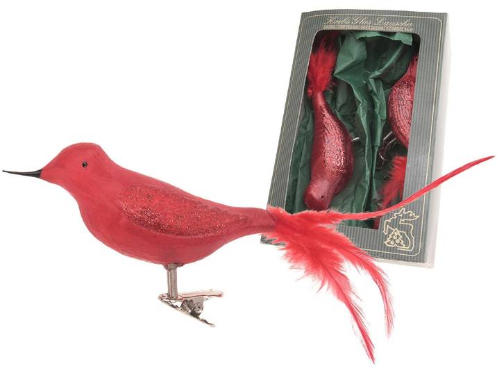 Weihnachtsbaumklammer KREBS GLAS LAUSCHA Amsel, Eislack, unversilbert , rot, B:6cm H:6cm T:17cm, Glas, Weihnachtsbaumschmuck, Weihnachtsbaumklammer, Weihnachtsbaumklammern Glas, mundgeblasen, handgefertigt, Glasvogel