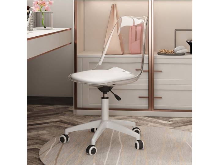 ROVRYN Chaise pivotante à roulettes dossier transparent assise PU blanche hauteur réglable