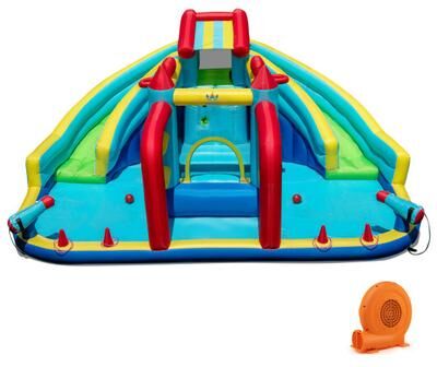Costway Inflatable Double Water Slide Park with 750W Blower and Obstacle Course