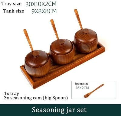 Uplifted Finds Wooden Seasoning Jar Vintage Kitchen Salt Sugar Spice Container With Lid Spoon And Tray 4 Pcs Big Tray Set