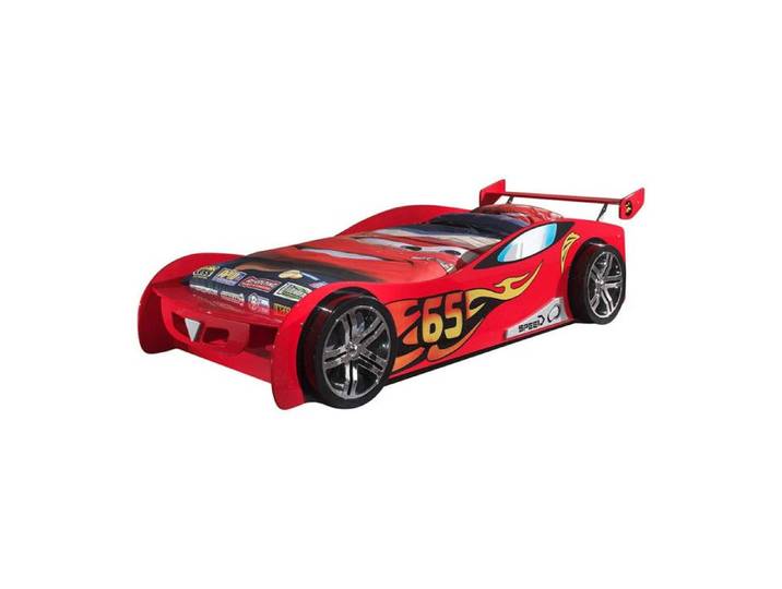 TURBO - Lit Voiture Racing 90x200cm Rouge Motifs Flammes