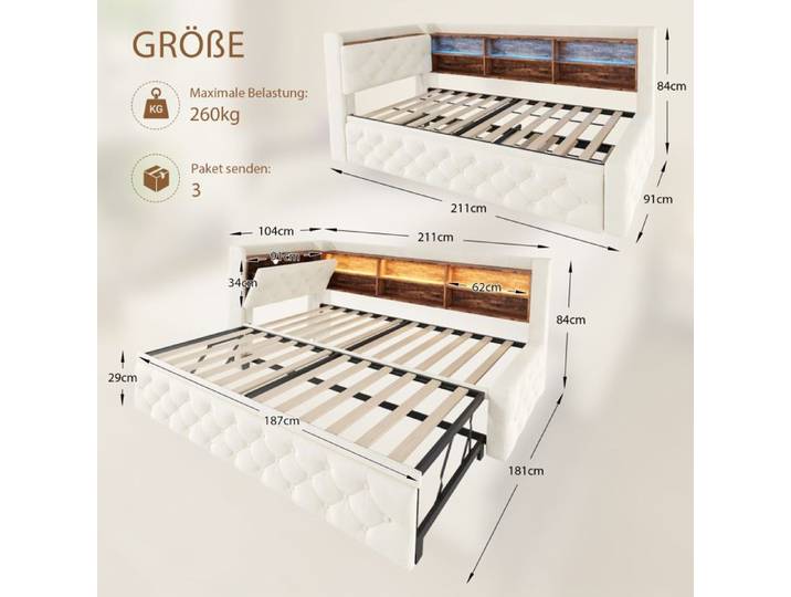Canapé convertible Canapé avec Espace de rangement accoudoir Velours Beige 90x190 cm canapé-lit cadre de lit extensible