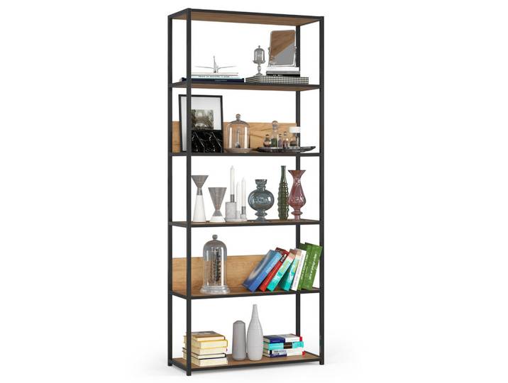 Akord Industrieregal Schwarz, Craft-Eichenfarben 80x192x32 cm, Schwarz, Eichefarben, Metall, Nachbildung, 6 Fächer, Rechteckig,Rechteckig, 80x192x32 cm, Wohnzimmer, Regale, Bücherregale