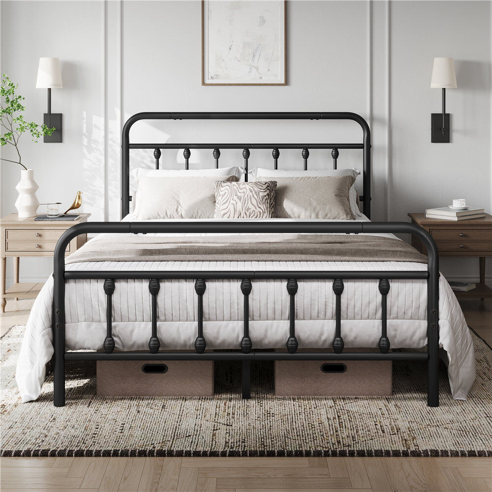 Yaheetech Metal Bed Frame with Vintage Headboard Black Double (4'6)