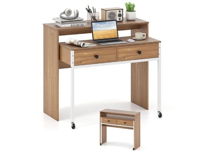 COSTWAY Bureau d'Ordinateur Rétractable - 2 Tiroirs et Roulettes - 100 x 63 x 88 cm - Coiffeuse Compacte pour Salon Chambre