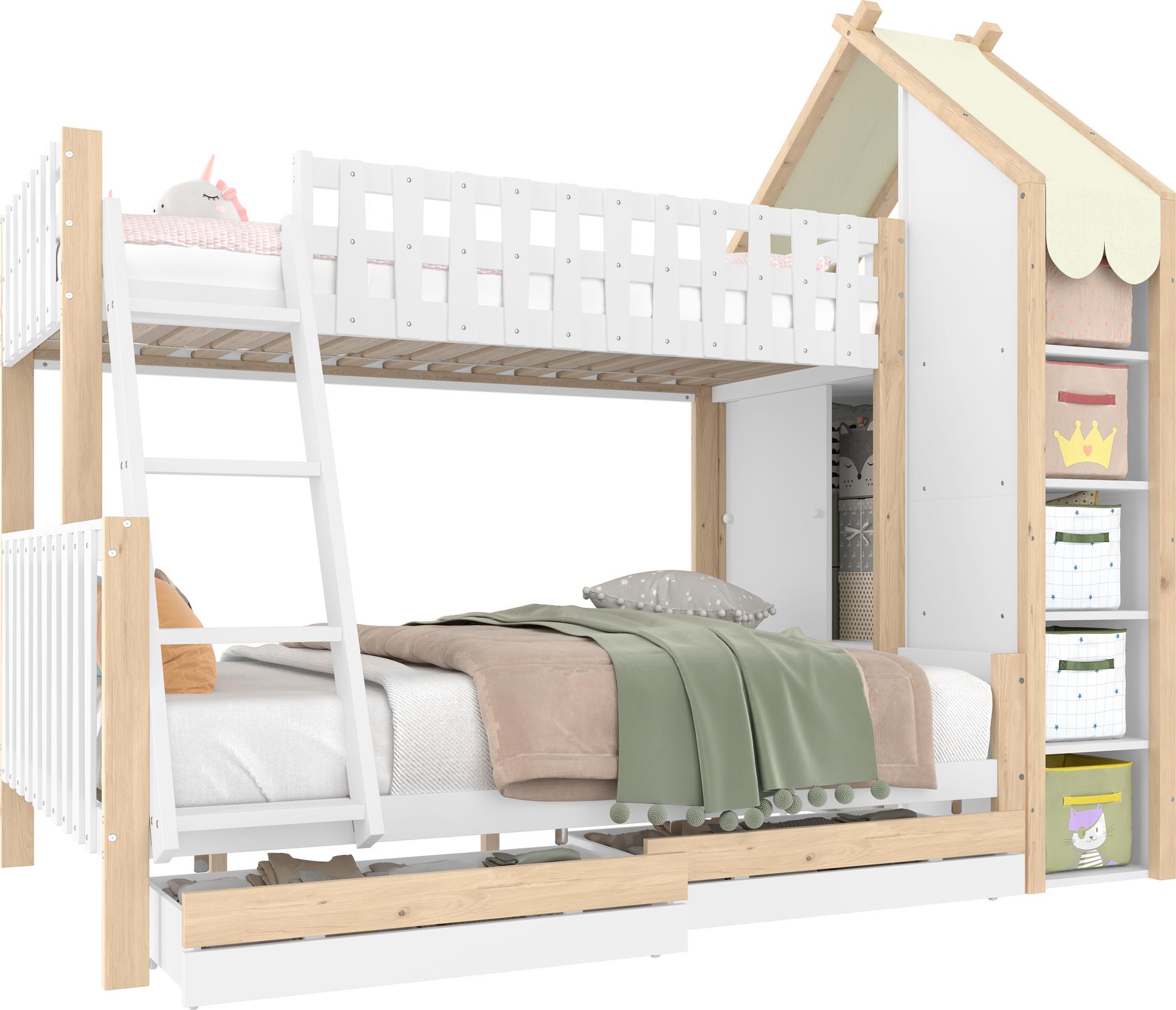 Etagenbett mit 2 Liegeflächen, Leiter, Regal, Schrank und Lattenrost, 90x200cm/140x200cm, Kinderbett mit Rausfallschutz, Hausbett
