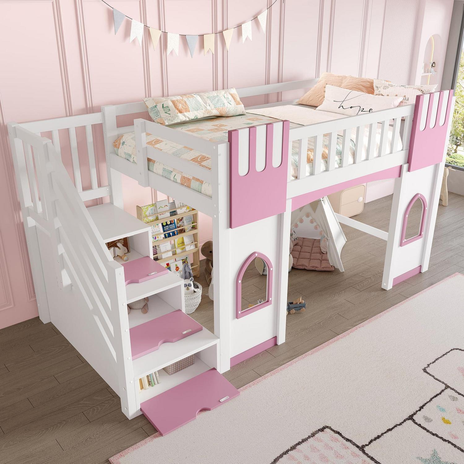 Kinderbett Hochbett 90x200 cm mit Stauraumtreppe und Fenster Holzrahmen Weiß+Rosa